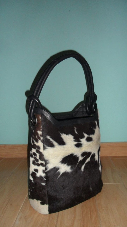 Large cowhide bag bucket bags black and white 