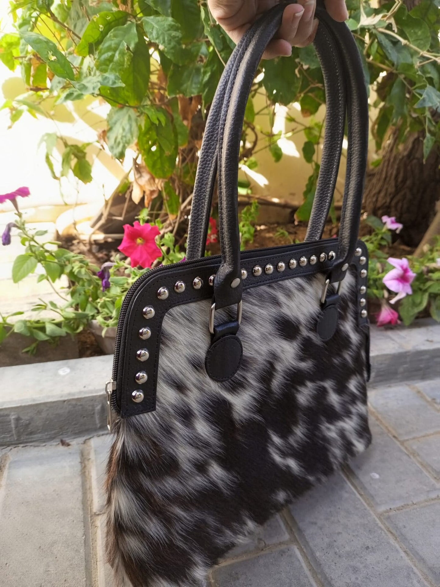 Black White Cowhide Handbag
