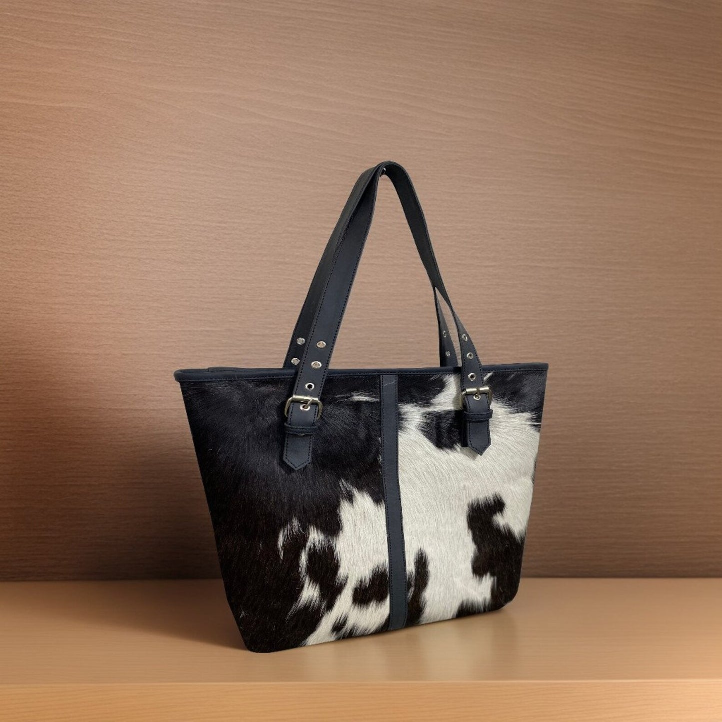 Black White Cowhide Ladies Tote Bag