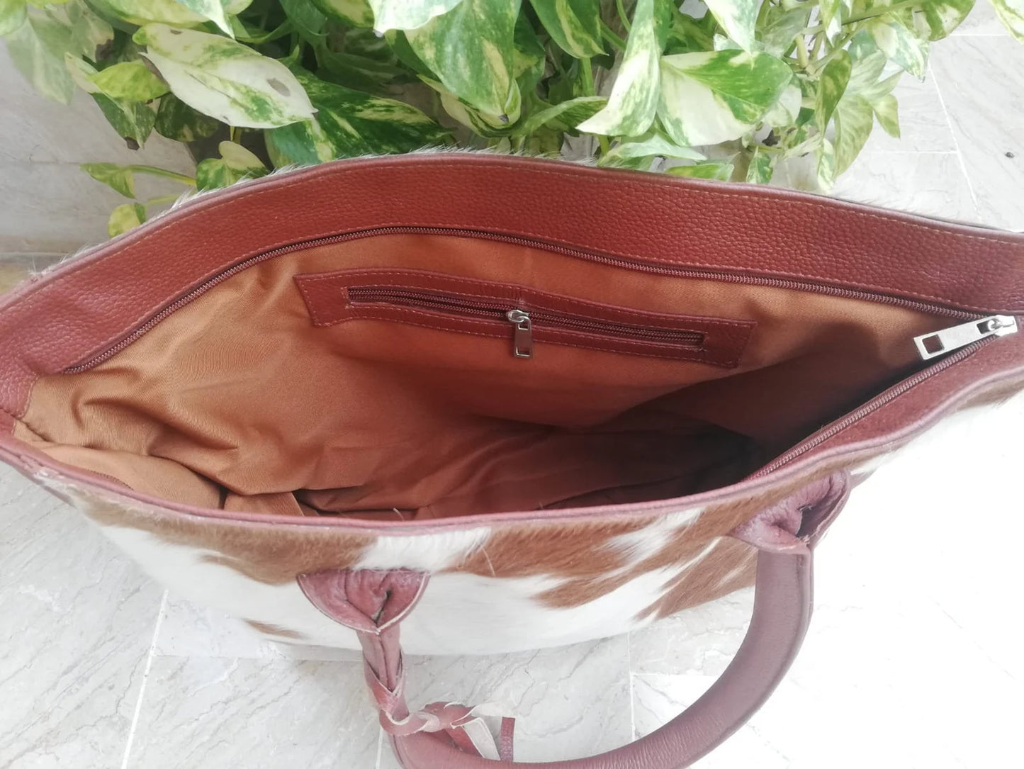 Brown and White Western Cowhide Tote Purse