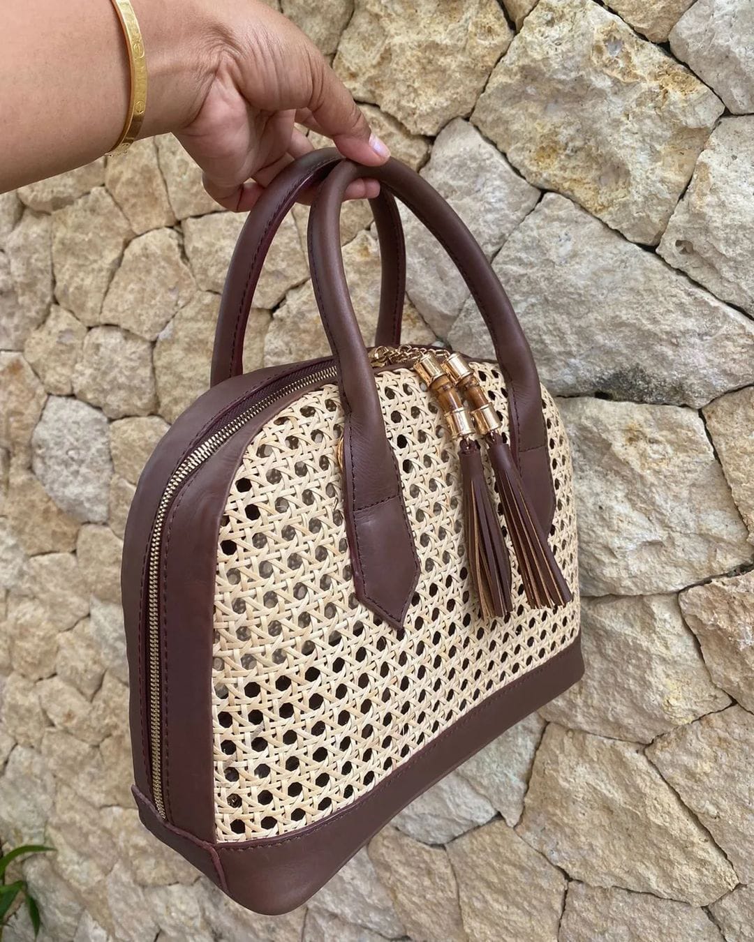 Cane Leather And Rattan Handbag