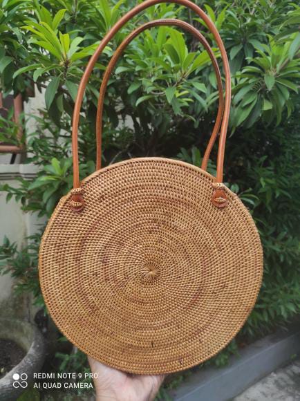 Round Rattan Bag with Leather Straps