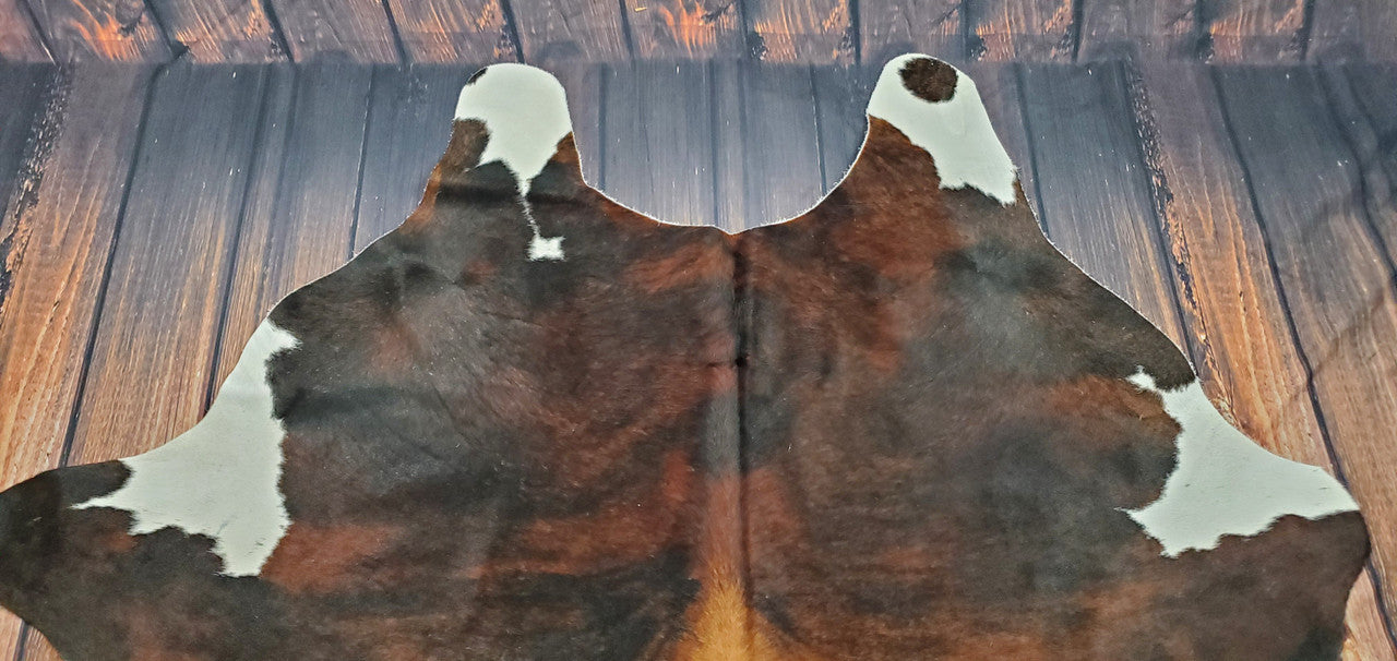 Exotic Dark Brown White Cowhide Rug 8ft x 6.5ft