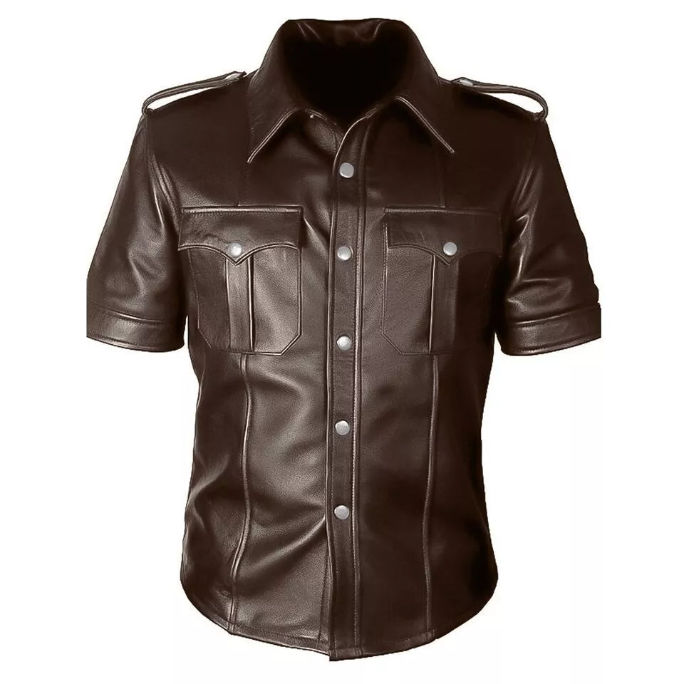 mens short sleeve brown leather shirt