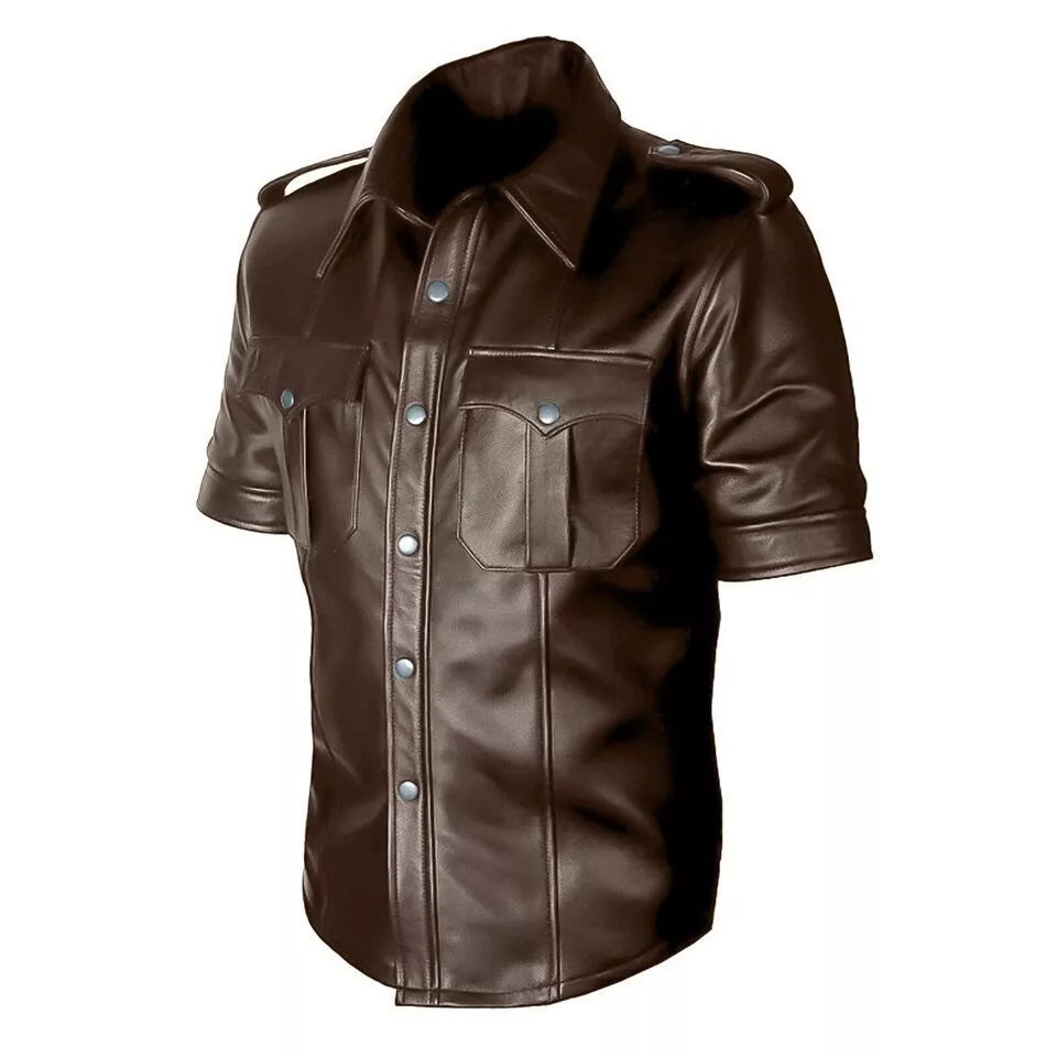mens short sleeve brown leather shirt