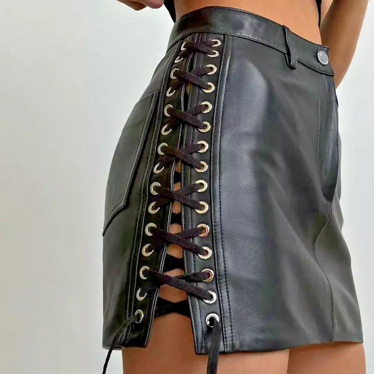 Lace Up Leather Mini Skirts