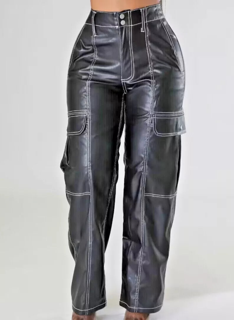 Leather Cargo Black Pants Women's