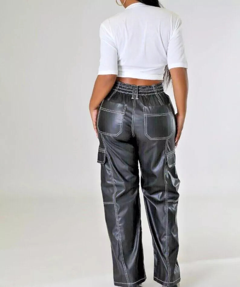 Leather Cargo Black Pants Women's