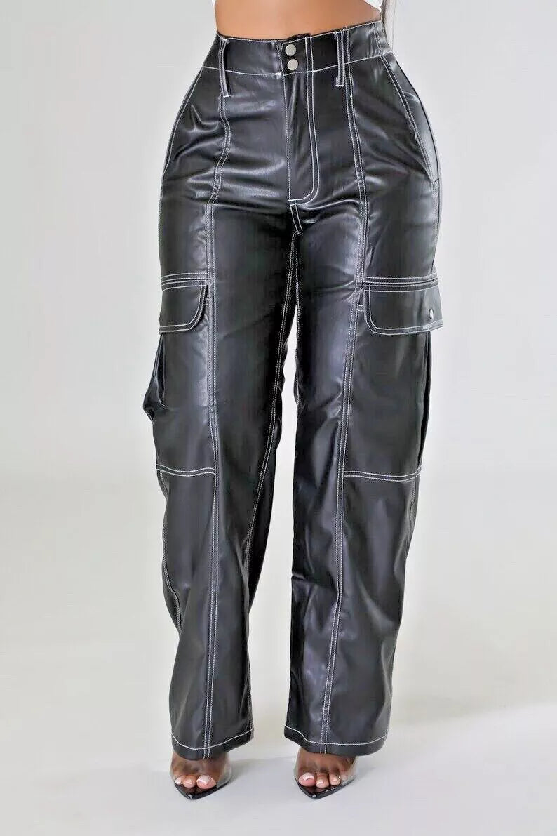 Leather Cargo Black Pants Women's