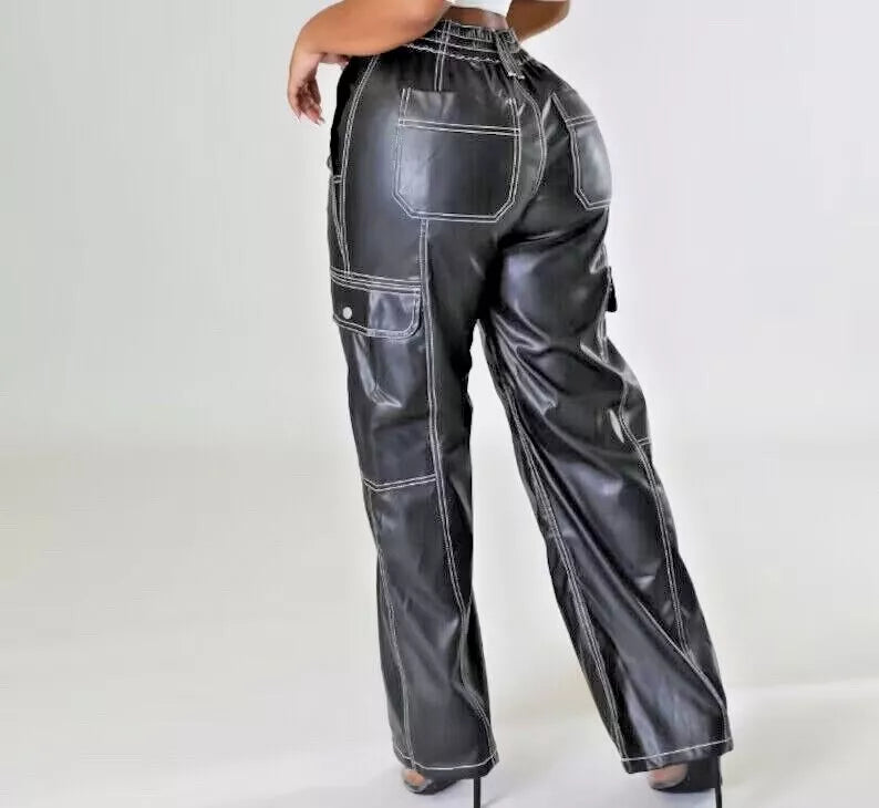Leather Cargo Black Pants Women's