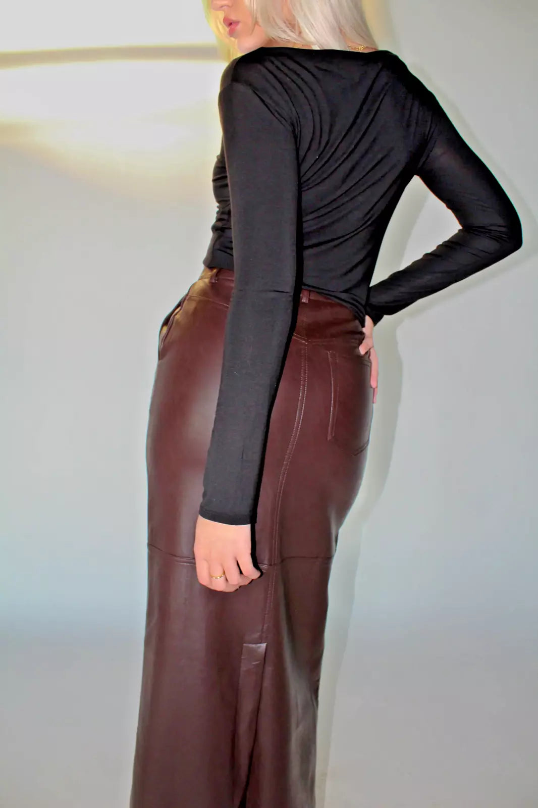 brown long brown leather maxi skirt