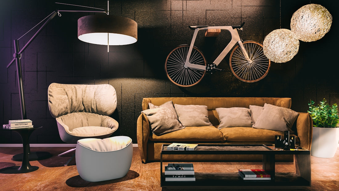 a living room filled with furniture and a bike mounted to the wall