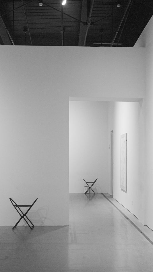a black and white photo of two chairs in a room