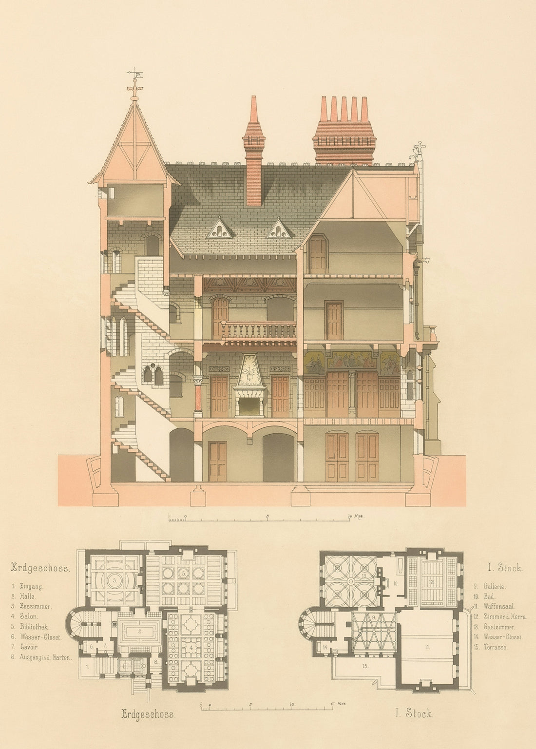 Architectural cross-section and floor plans of a building
