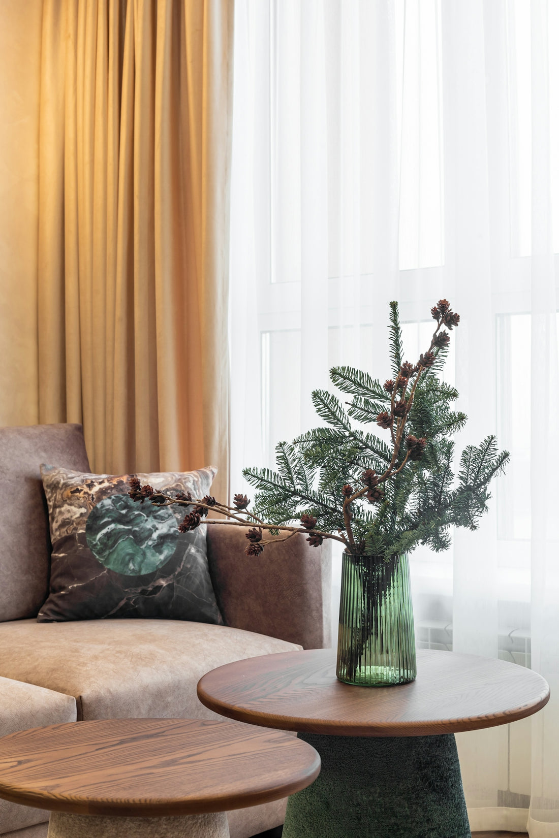 Cozy living room decorated for the holidays.