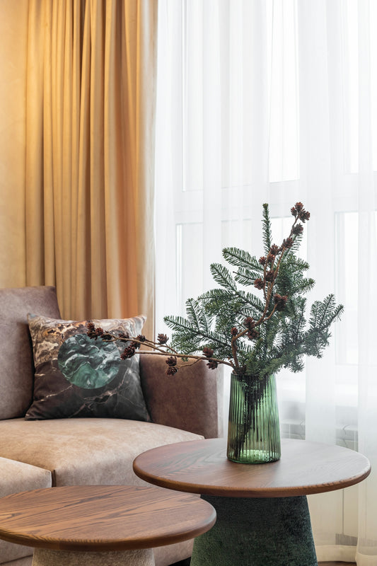 Cozy living room decorated for the holidays.
