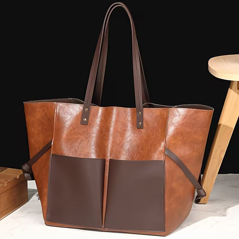 Women Large Leather Tote Bag With Front Pockets