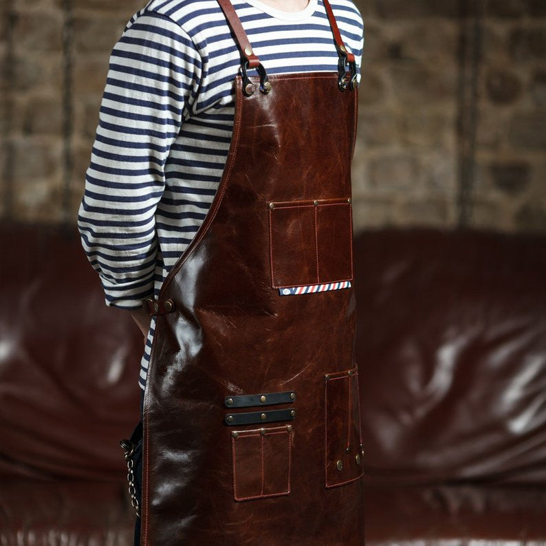 Genuine Leather Cooks Apron with Utility Pockets for BBQ and Grilling