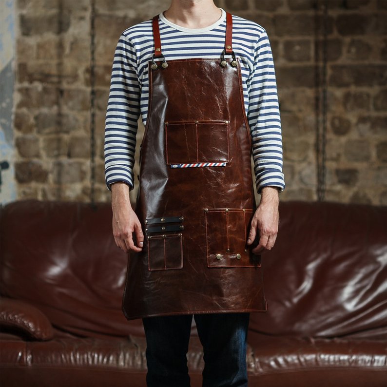 Genuine Leather Cooks Apron with Utility Pockets for BBQ and Grilling