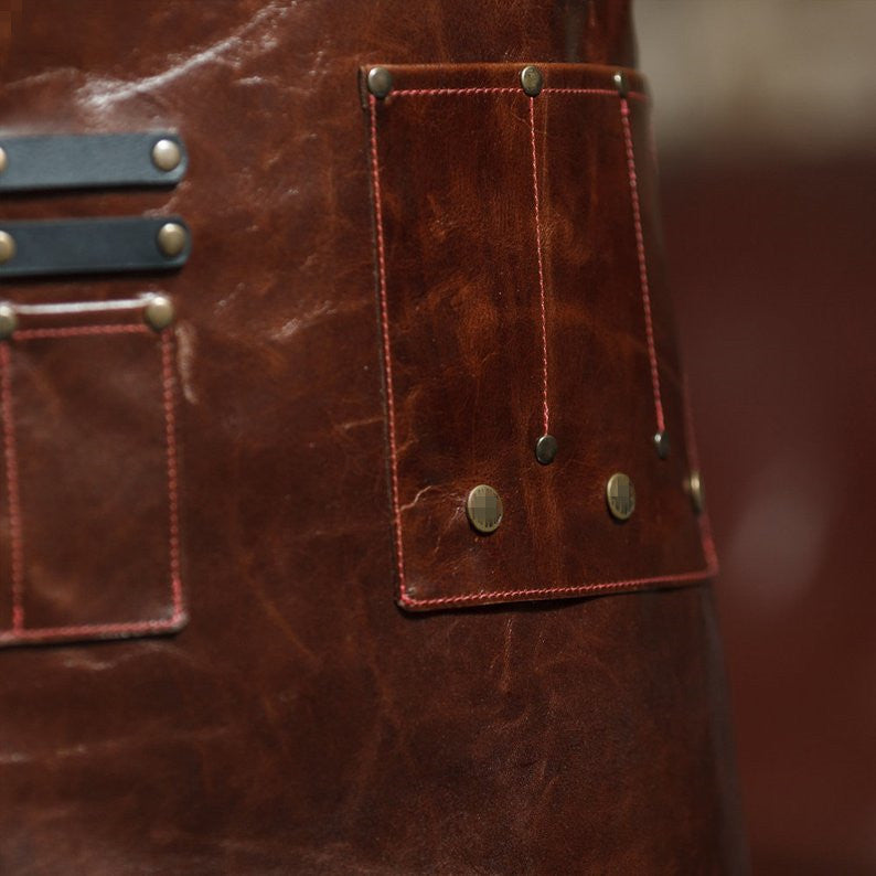 Genuine Leather Cooks Apron with Utility Pockets for BBQ and Grilling