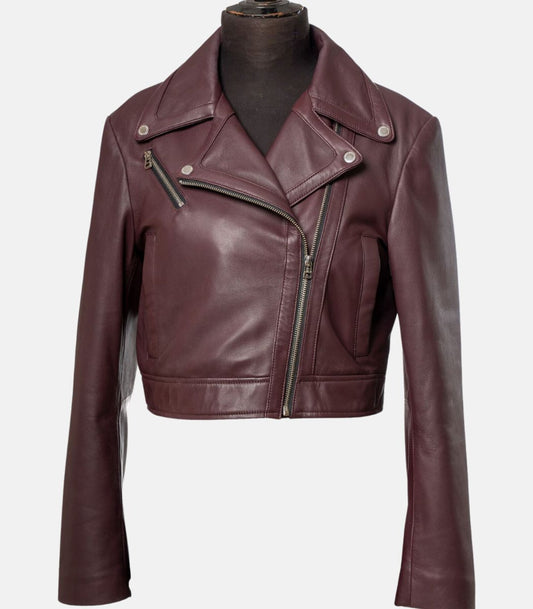 leather jacket burgundy women's