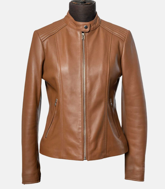 brown leather jacket for women slim fit