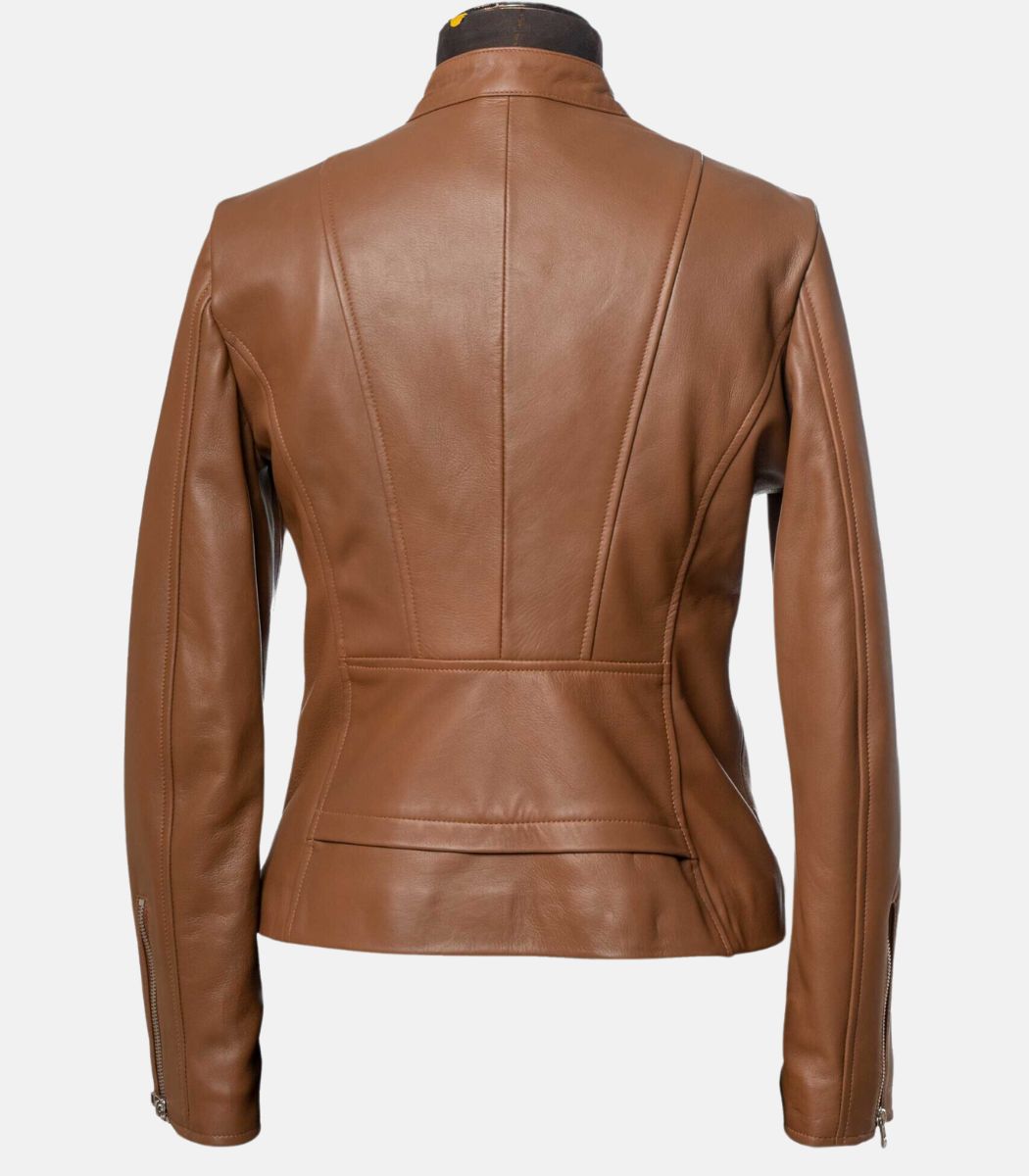 brown leather jacket for women slim fit