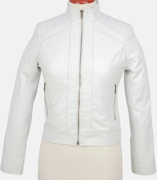 White Bomber Leather Jacket Women