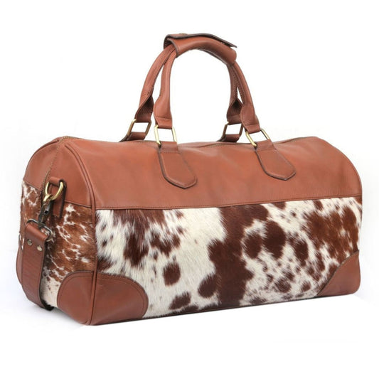 Brown White Cowhide Overnight Holdall Bag