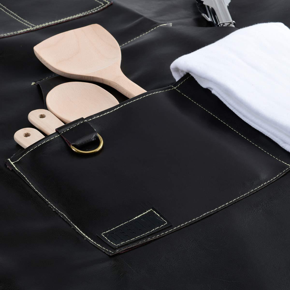 Black Leather Cooks Apron with 6 Tool Pockets