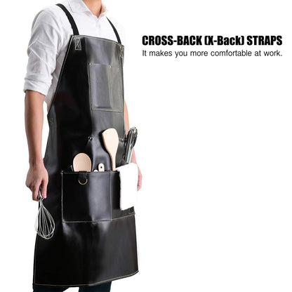 Black Leather Cooks Apron with 6 Tool Pockets