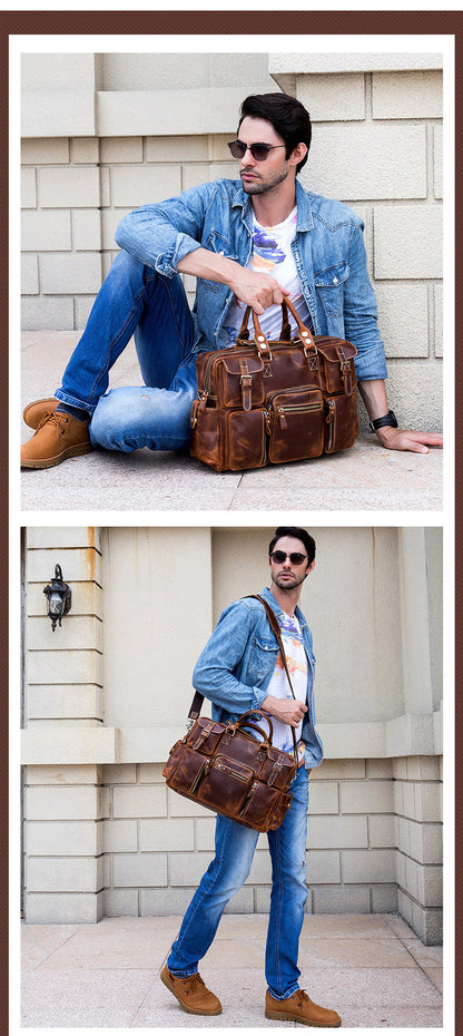 Leather mens duffle bag business travel briefcase