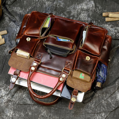 Leather mens duffle bag business travel briefcase