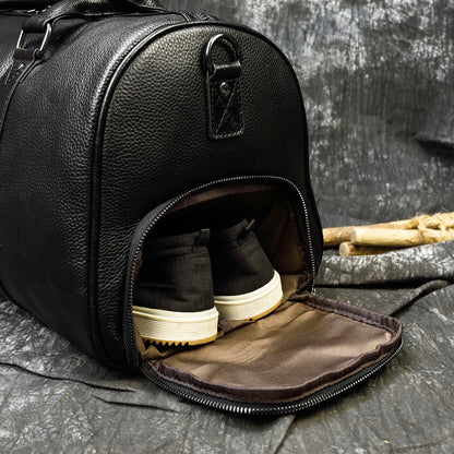 Men leather duffle bag with shoe compartment
