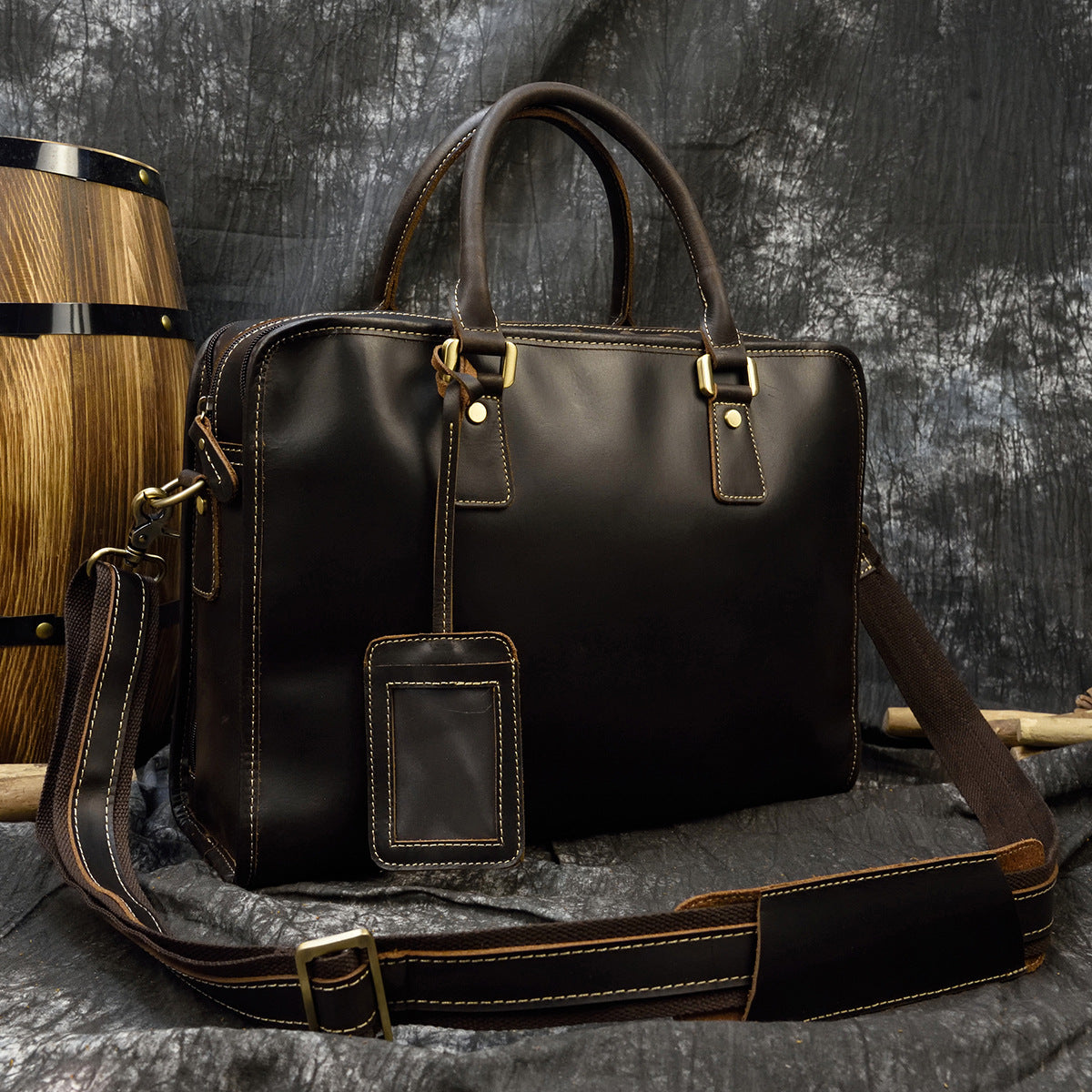 Men leather business briefcase laptop travel bag