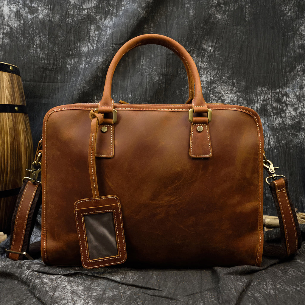 Men leather business briefcase laptop travel bag