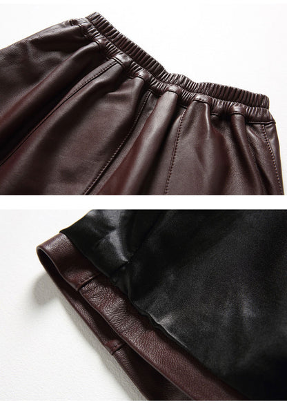 Burgundy lambskin high waisted bootcut leather shorts