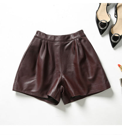 Burgundy lambskin high waisted bootcut leather shorts