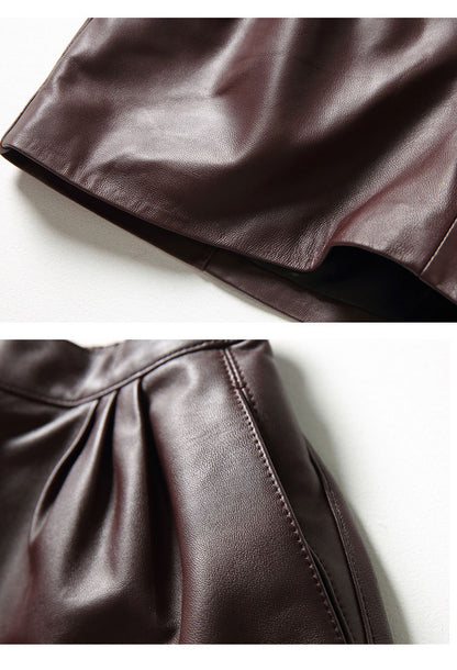 Burgundy lambskin high waisted bootcut leather shorts