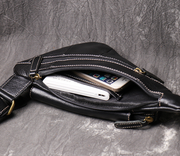 Genuine cowhide leather chest sling crossbody bag for men