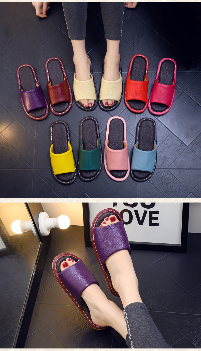 Leather Slippers for Women Cowhide Indoor Soft Sole Non Slip Slides