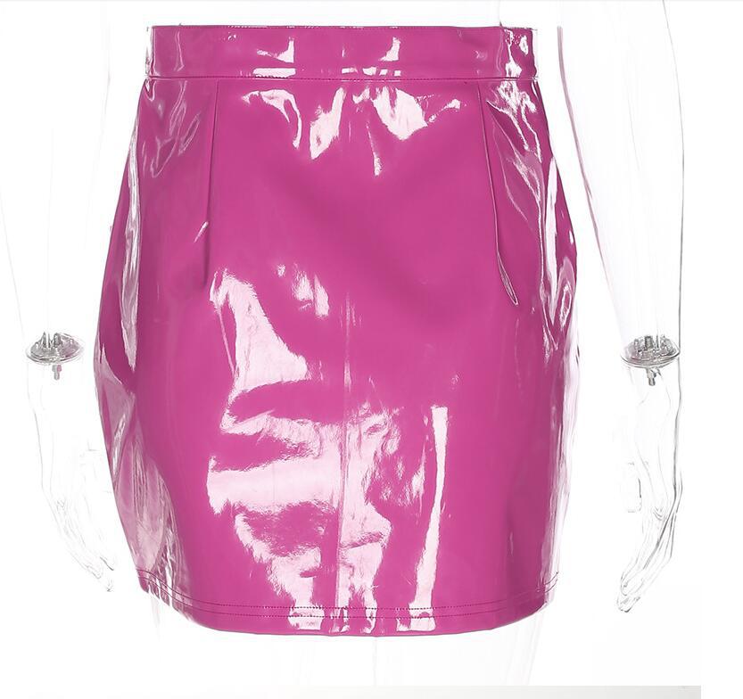 Glossy pink faux leather zipper pocket mini skirt