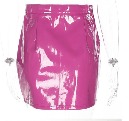 Glossy pink faux leather zipper pocket mini skirt