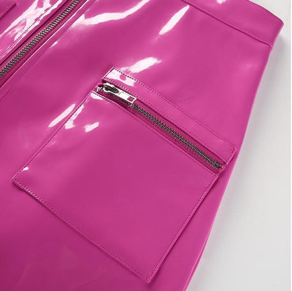 Glossy pink faux leather zipper pocket mini skirt