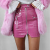 Glossy pink faux leather zipper pocket mini skirt