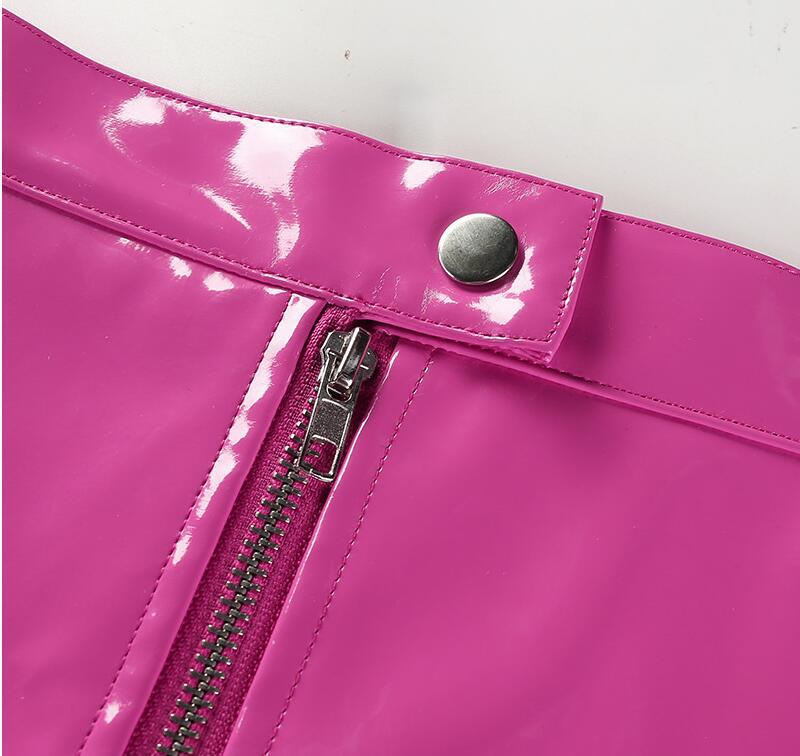 Glossy pink faux leather zipper pocket mini skirt