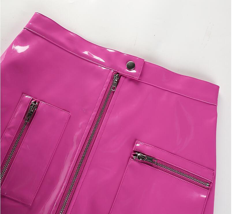 Glossy pink faux leather zipper pocket mini skirt