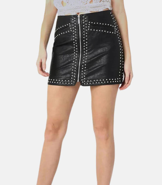 Black Leather Studded Rivets Mini Skirt