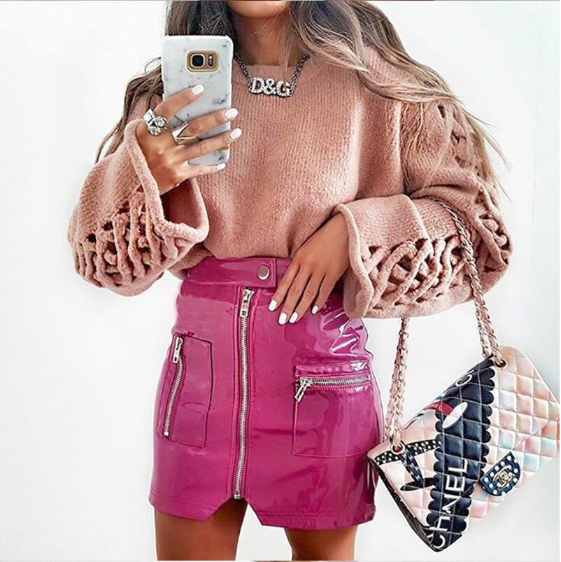 Glossy pink faux leather zipper pocket mini skirt