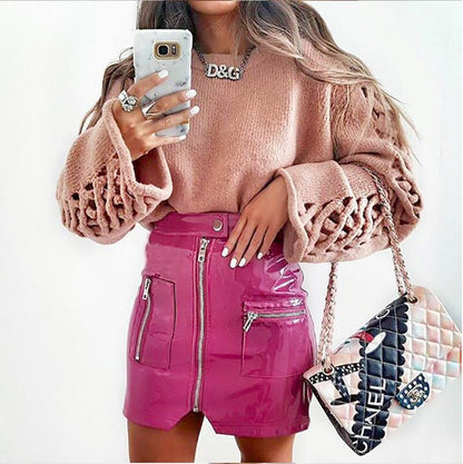 Glossy pink faux leather zipper pocket mini skirt
